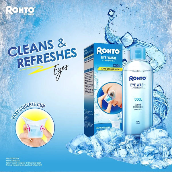 Rohto eye wash with Easy Squeeze-Up design to clean and refresh eyes
