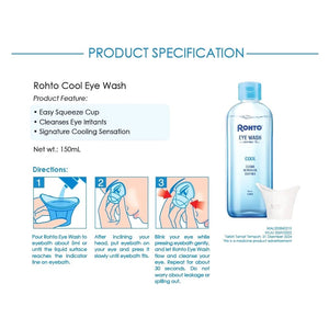Instructions for cleansing eyes with Rohto cooling eye wash