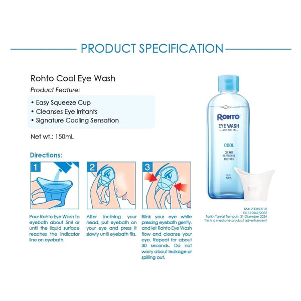 Instructions for cleansing eyes with Rohto cooling eye wash