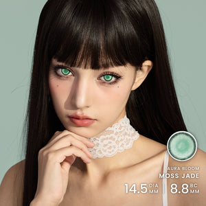 Model wearing Princess Pinky Aura Bloom Moss Jade lenses for enlarging eye effect