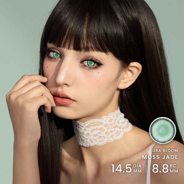 Close up model wearing Green colored contact lenses