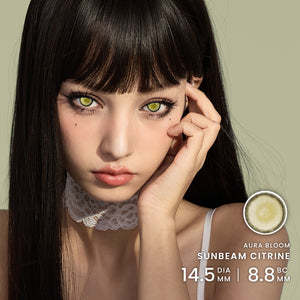 Model wearing Princess Pinky Aura Bloom 14.5 mm Sunbeam Citrinecircle lenses 