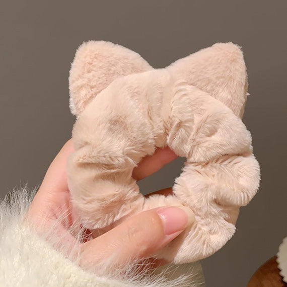 Fluffy Cat Ears Scrunchie with plush furry design in beige