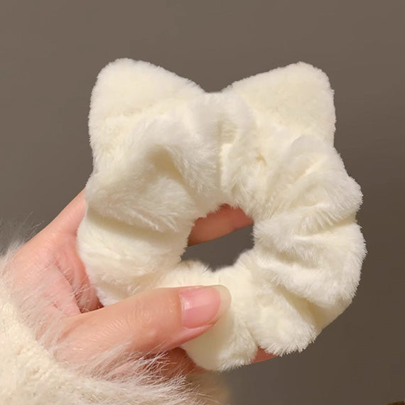 Cream furry flurry Cat Ears Scrunchie showing cat ears design