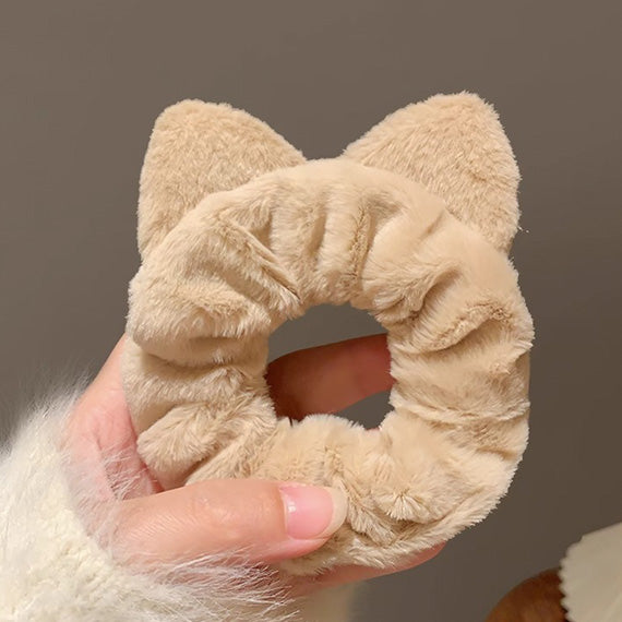 Cute Cat Ear furry hair tie in khaki color