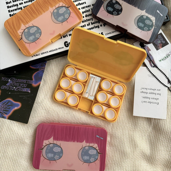 Colored contact lens storage case with mirror and applicator tools