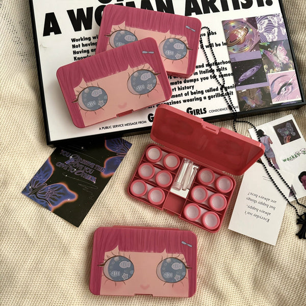 red hair manga Girl contact Lens Organizer storage case for 6 pairs