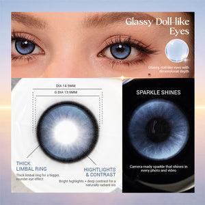 enlarging blue colored contacts with icy blue highlights and bold limbal ring