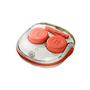 Contact lens case with coral-colored lenses and a clear cover on a white background rechargeable cleaner