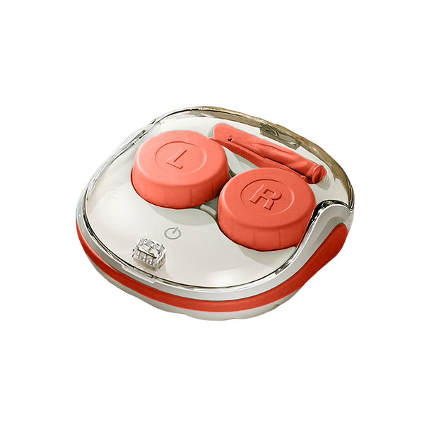 Contact lens case with coral-colored lenses and a clear cover on a white background rechargeable cleaner