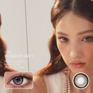 Horizon grey contact lenses with dark grey tones and dreamy highlights.