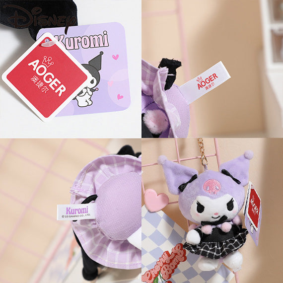 Sanrio Kuromi Plush Pendant in official Aoger packaging, featuring Sanrio branding and authenticity tag