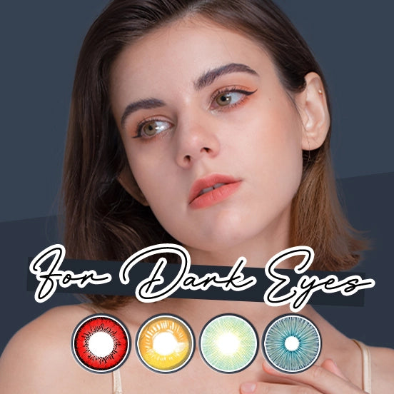 Woman with brown hair and dark eyes, with color swatches for eye makeup on a dark background.