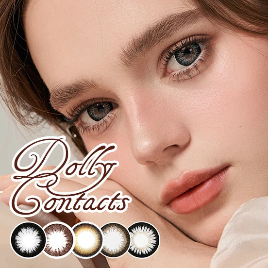 Close-up of a woman's face with contact lenses displayed below, featuring the brand 'Dolly Contacts'.