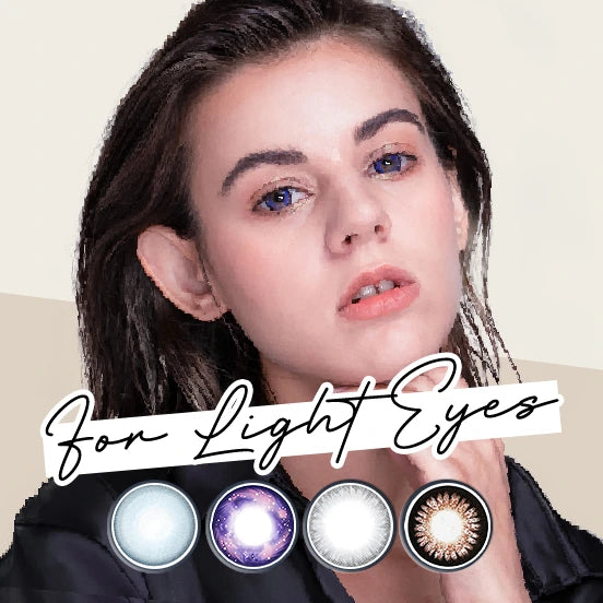 Woman with text 'For Light Eyes' and contact lens color options on a beige background