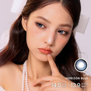 Uris Horizon Blue Contact Lenses with vivid dimensional highlights and gradient iris for cosplay, costumes, and makeup looks