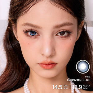Before and after wearing Horizon blue colored contact lenses, showing a brighter, bigger-looking blue dolly eye effect