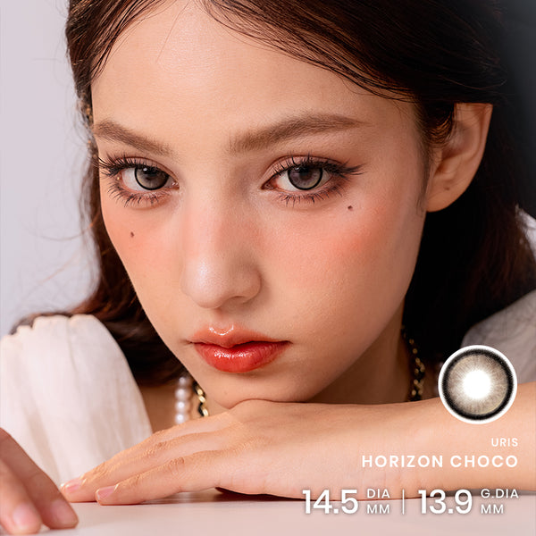 Uris Horizon Choco Contact Lenses with vivid dimensional highlights and gradient iris for cosplay, costumes, and makeup looks