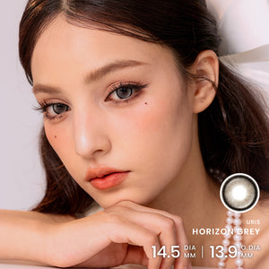 Uris Horizon Grey Contact Lenses with vivid dimensional highlights and gradient iris for cosplay, costumes, and makeup looks