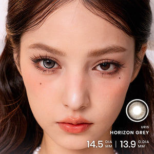 Before and after wearing Horizon grey colored contact lenses, showing a brighter, bigger-looking blue dolly eye effect