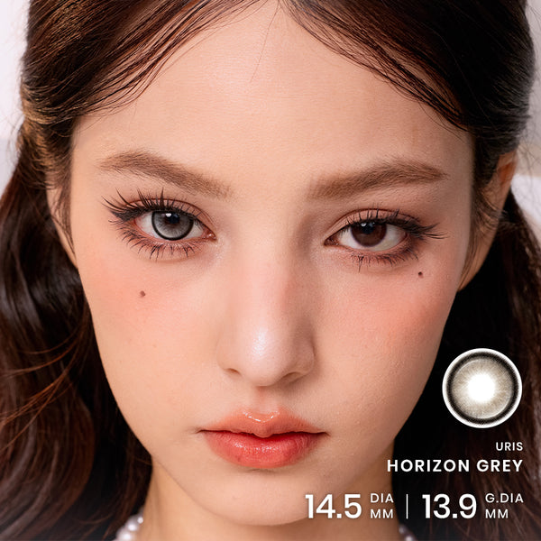 Before and after wearing Horizon grey colored contact lenses, showing a brighter, bigger-looking blue dolly eye effect