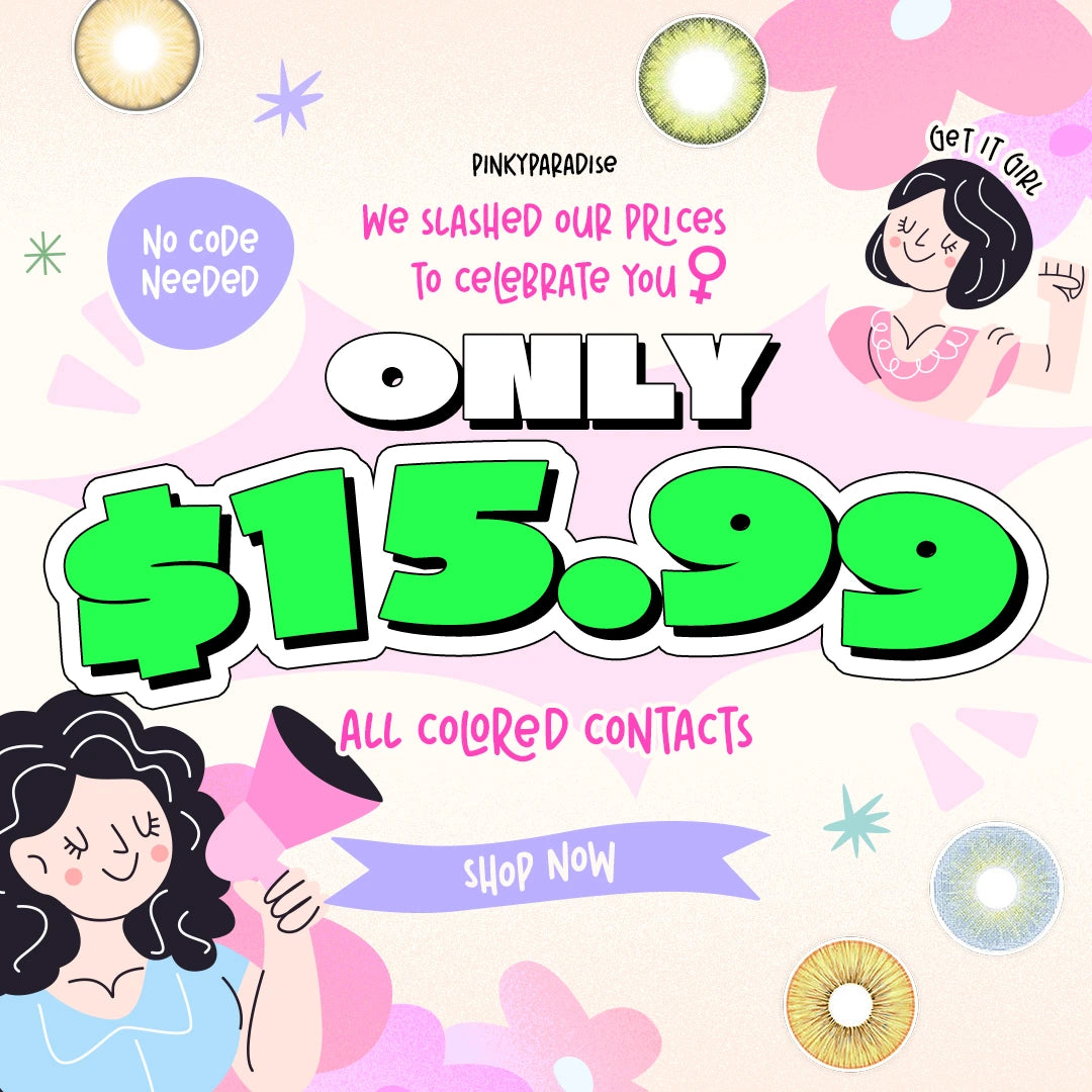 Promotional advertisement for colored contacts with cartoon characters and colorful design.