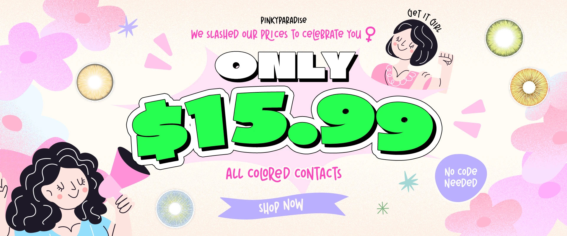 Promotional banner for colored contacts with text and graphics on a colorful background