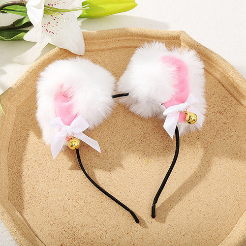 Cosplay furry cat ear headband with bell in white