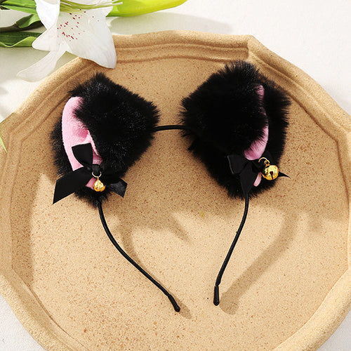 Cosplay furry cat ear headband with bell in black