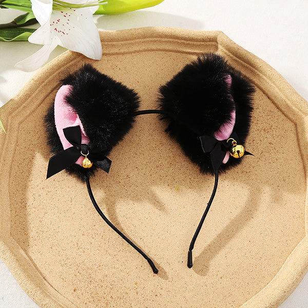 Cosplay furry cat ear headband with bell in black