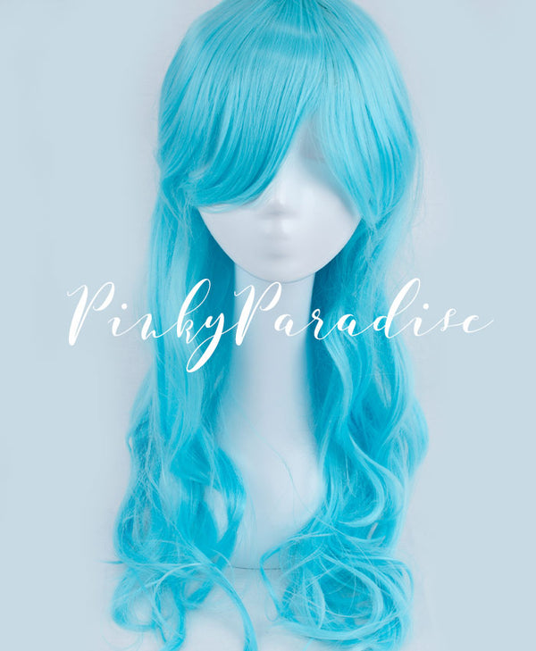 Cyan Bright Light Blue Long Wavy Wig 65cm