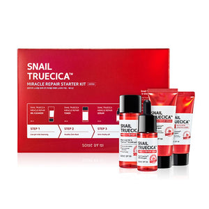 Snail Truecica 4-step solution Starter Kit which comes with Gel Cleanser, Toner, Serum, and Cream from SomeByMi