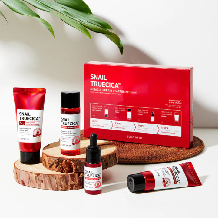 Snail Truecica 4-step solution Starter Kit which comes with Gel Cleanser, Toner, Serum, and Cream from SomeByMi