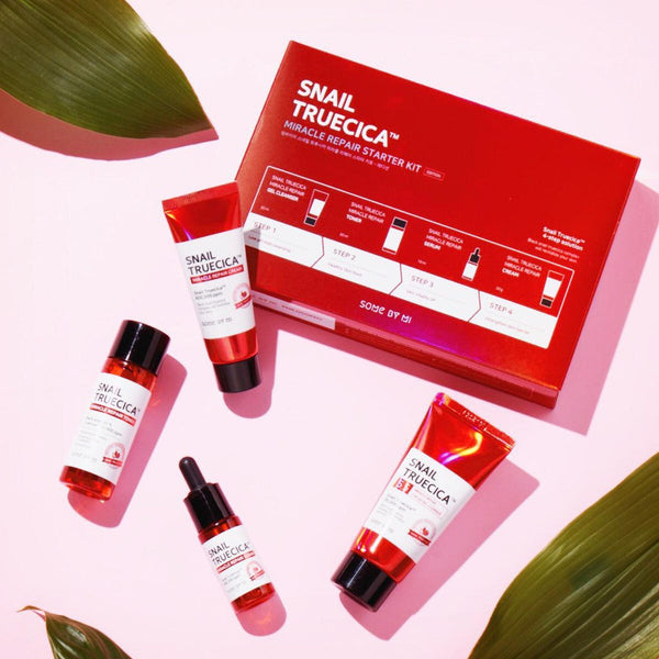 Starter Kit from SomeByMi’s Snail Truecica Miracle Repair with Gel Cleanser, Toner, Serum, and Cream included