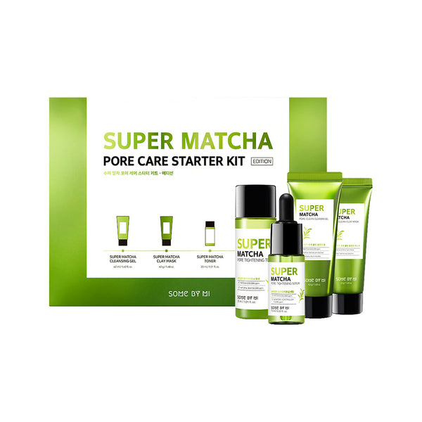 SomeByMi Starter Kit for Super Matcha Pore Care with Cleansing Gel, Clay Mask, Toner, and Serum included