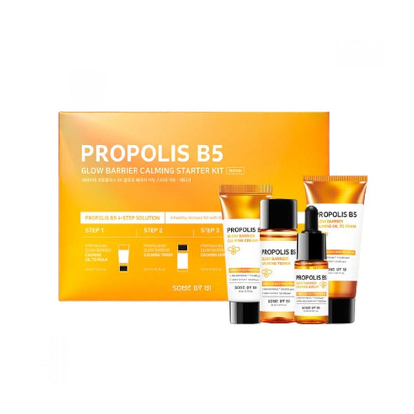 Calming Oil to Foam, Calming Toner, Calming Serum, and Calming Cream included in SomeByMi’s Propolis B5 Glow Barrier Calming Starter Kit