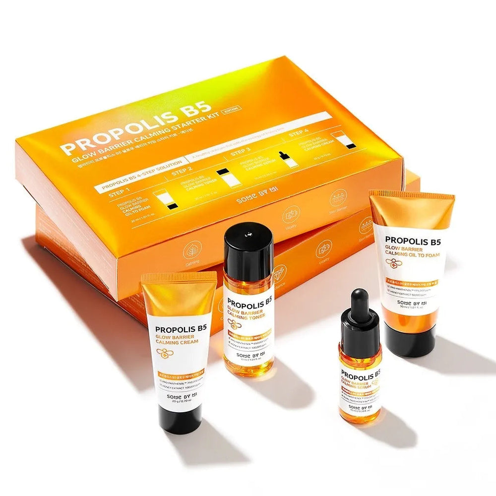 Calming Oil to Foam, Calming Toner, Calming Serum, and Calming Cream included in SomeByMi’s Propolis B5 Glow Barrier Calming Starter Kit