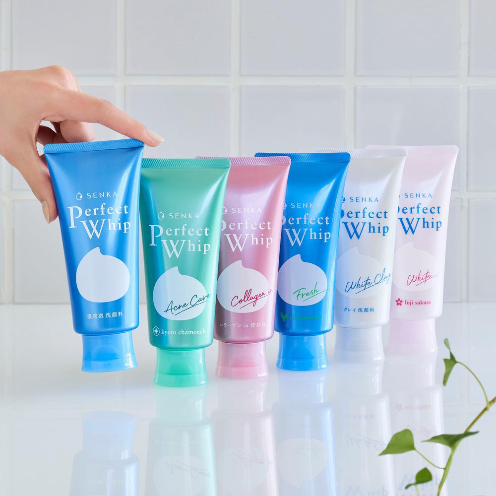 All types of SENKA Perfect Whip Cleansing Foam Flatlay