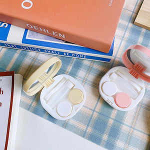 Yellow and Pink Cute Doodle Travel Contact Case with mirror, mini solution bottle, lens inserter and tweezer