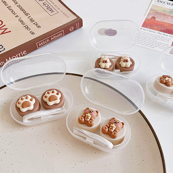 cute brown cartoon contact lens travel case with Inserter and tweezer 