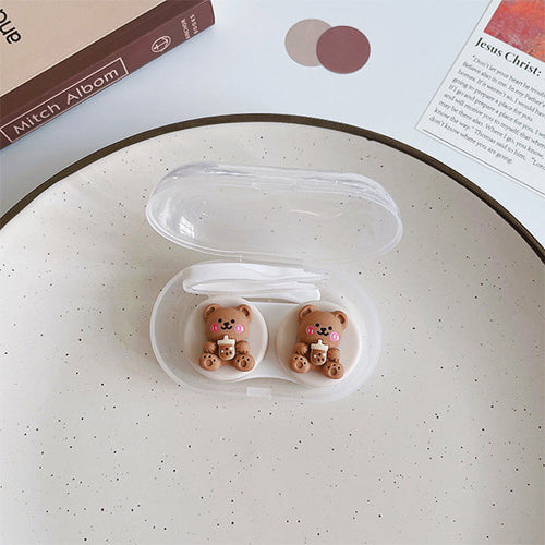 cute brown teddy bears portable contact lens case kit with Inserter and Remover