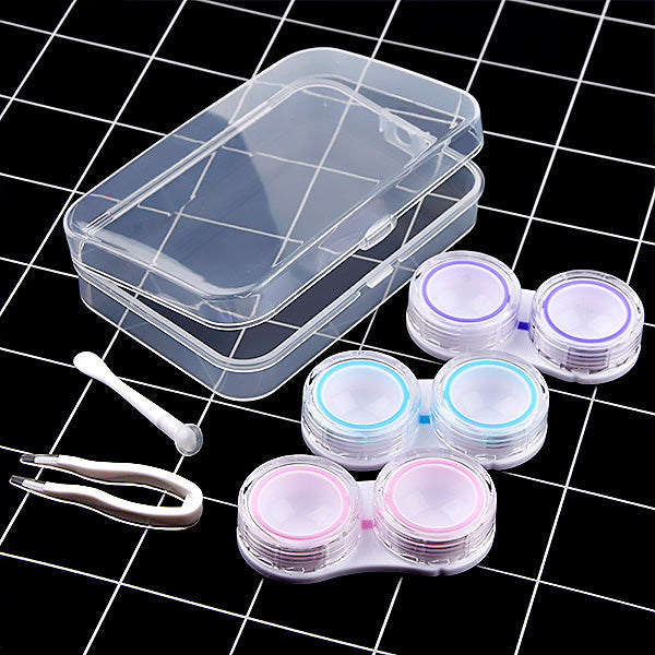 Transparent storage case with lens cases, lens inserter and tweezer