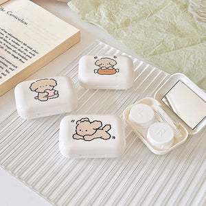 Lovely Korean Puppy Travel Lens Case with built-in mirror, inserter, and tweezer