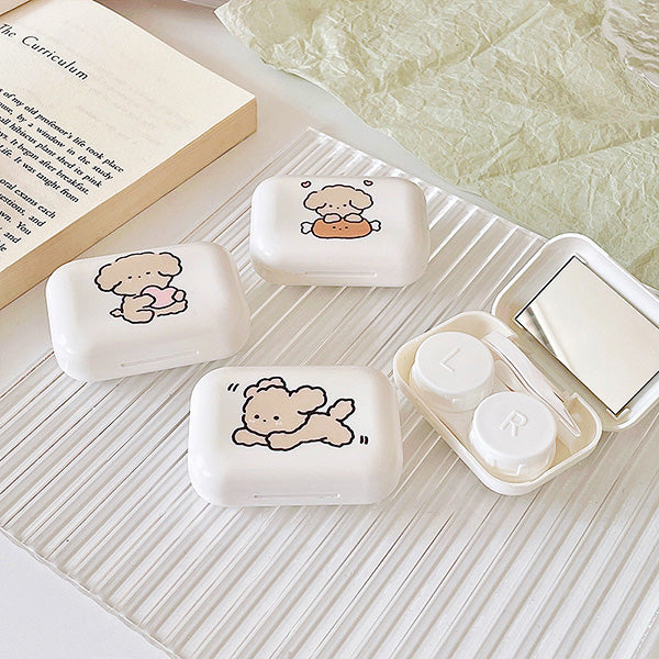 Lovely Korean Puppy Travel Lens Case with built-in mirror, inserter, and tweezer
