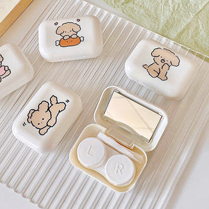 Compact Travel Lens Case in Lovely Korean Puppy Design with built-in mirror, inserter, and tweezer
