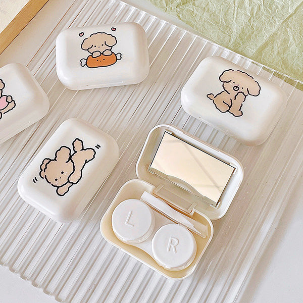 Compact Travel Lens Case in Lovely Korean Puppy Design with built-in mirror, inserter, and tweezer