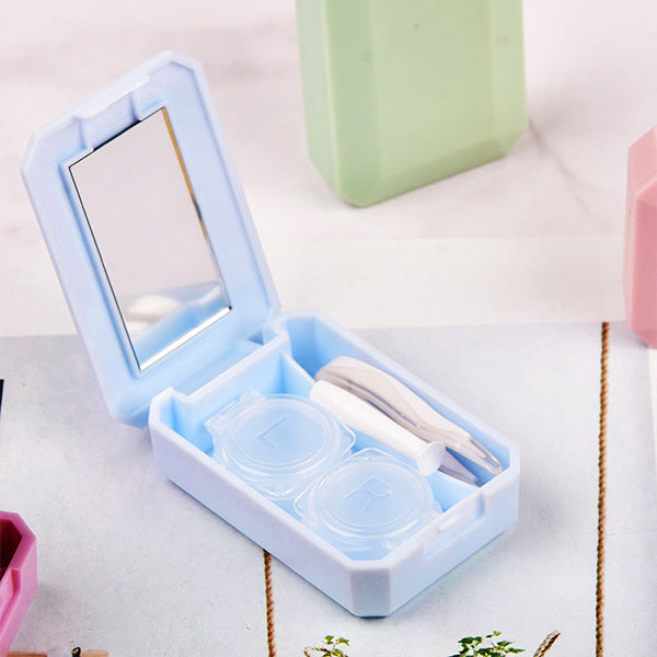 5 Designs of Minimalist Pastel Colored Contact Lens Case with built-in mirror, lens inserter and tweezer